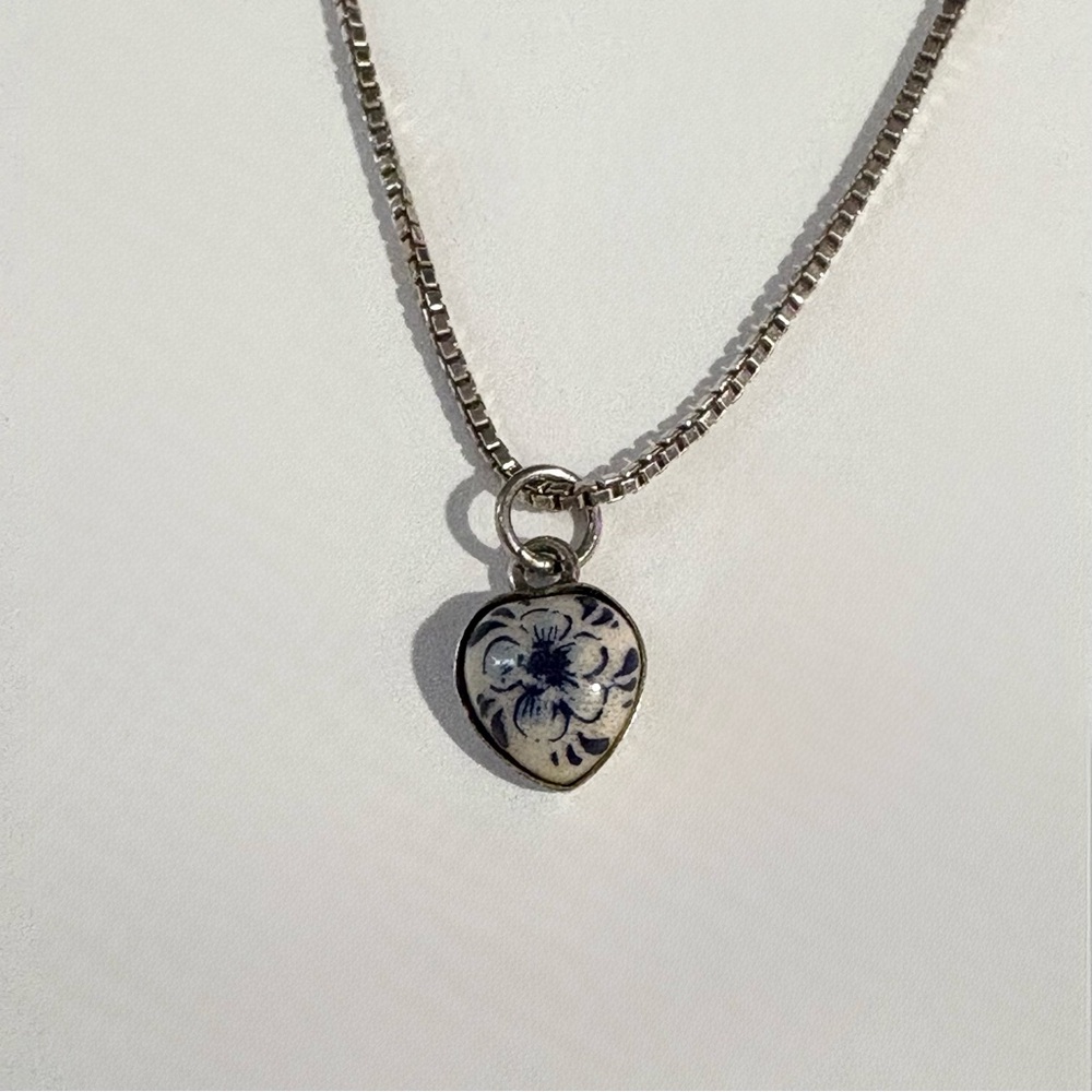 Sterling Silver Box Chain With Blue White Ceramic Mini Heart Pendant Necklace